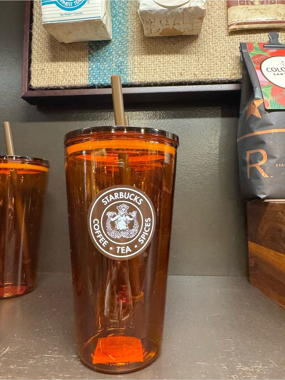Starbucks Translucent Orange Tumbler with Brown Straw